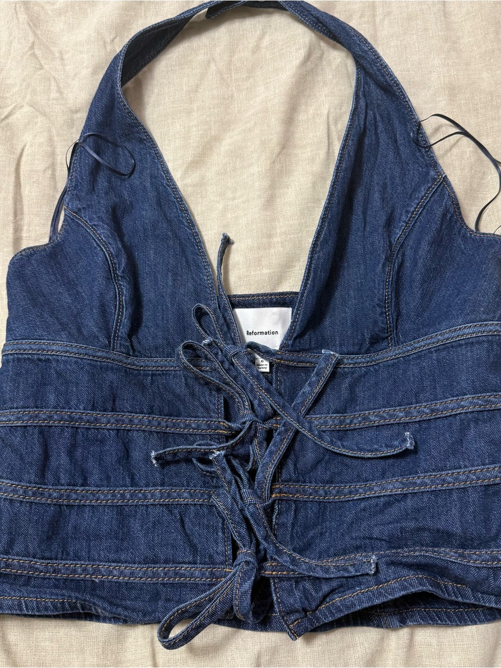 Reformation Dark Blue Denim Lace-Up Halter Top